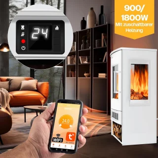 Elektrische Open Haard TasalFurniture Lumiora – Vloerkachel met Verwarming – 9 LED-Vlameffecten – Wifi- & Afstandsbediening – Thermostaat – 900/1800 W – Klassiek Wit Design – Smart Control – Panorama-Kijkvenster