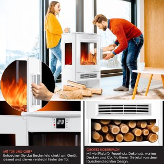 Wat vinden we goed aan de Elektrische Open Haard TasalFurniture Lumiora – Vloerkachel met Verwarming – 9 LED-Vlameffecten – Wifi- & Afstandsbediening – Thermostaat – 900/1800 W – Klassiek Wit Design – Smart Control – Panorama-Kijkvenster