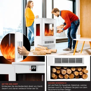 Elektrische Open Haard TasalFurniture Lumiora – Vloerkachel met Verwarming – 9 LED-Vlameffecten – Wifi- & Afstandsbediening – Thermostaat – 900/1800 W – Klassiek Wit Design – Smart Control – Panorama-Kijkvenster
