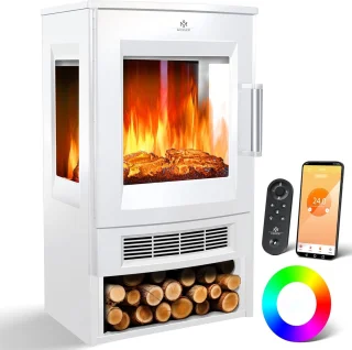 Elektrische Open Haard TasalFurniture Lumiora – Vloerkachel met Verwarming – 9 LED-Vlameffecten – Wifi- & Afstandsbediening – Thermostaat – 900/1800 W – Klassiek Wit Design – Smart Control – Panorama-Kijkvenster