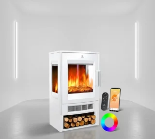 Elektrische Open Haard TasalFurniture Lumiora – Vloerkachel met Verwarming – 9 LED-Vlameffecten – Wifi- & Afstandsbediening – Thermostaat – 900/1800 W – Klassiek Wit Design – Smart Control – Panorama-Kijkvenster