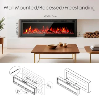 Elektrische Wandhaard HomeByNicole LuxeFlame 40” – 3-in-1 Inbouw, Wandmontage & Vrijstaand – Realistisch 3D Vlameffect met 12 Kleurmodi, Touchscreen & Afstandsbediening – Timer, Stil, 1500W – Zwart