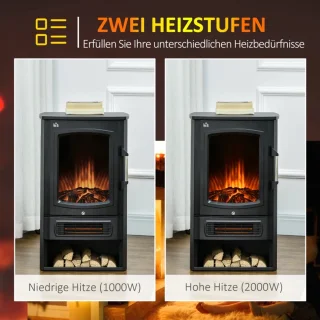 Sfeerhaard Elektrisch - Haard met Verwarming - met Realistische Vlameffect - 2 Warmtestanden - 2000 W - Kachel Vrijstaand - Openhaard - Oververhittingsbeveiliging - Staal - Zwart - 44,5 x 32 x 74 cm