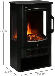 Sfeerhaard Elektrisch - Haard met Verwarming - met Realistische Vlameffect - 2 Warmtestanden - 2000 W - Kachel Vrijstaand - Openhaard - Oververhittingsbeveiliging - Staal - Zwart - 44,5 x 32 x 74 cm