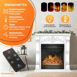 Elektrische open haard Ganeey® Luxe 3D Vlameffect 1800W met Verwarming, Thermostaat, Timer & Afstandsbediening – LED Sfeerlicht, Realistisch Haardvuur zonder Rook – Vrijstaand Design in Villa/Wit – Energiezuinige Infraroodverwarming