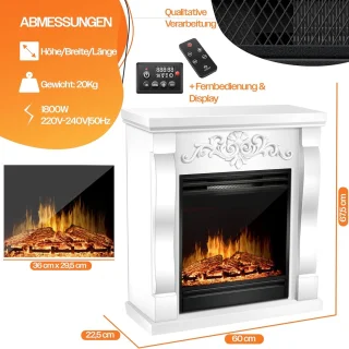 Elektrische open haard Ganeey® Luxe 3D Vlameffect 1800W met Verwarming, Thermostaat, Timer & Afstandsbediening – LED Sfeerlicht, Realistisch Haardvuur zonder Rook – Vrijstaand Design in Villa/Wit – Energiezuinige Infraroodverwarming