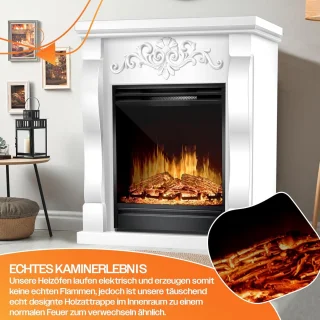 Elektrische open haard Ganeey® Luxe 3D Vlameffect 1800W met Verwarming, Thermostaat, Timer & Afstandsbediening – LED Sfeerlicht, Realistisch Haardvuur zonder Rook – Vrijstaand Design in Villa/Wit – Energiezuinige Infraroodverwarming