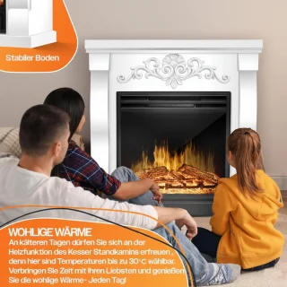 Elektrische open haard Ganeey® Luxe 3D Vlameffect 1800W met Verwarming, Thermostaat, Timer & Afstandsbediening – LED Sfeerlicht, Realistisch Haardvuur zonder Rook – Vrijstaand Design in Villa/Wit – Energiezuinige Infraroodverwarming
