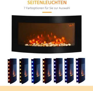 Sfeerhaard Elektrisch - Haard met Verwarming - Wandhaard met LED-vlameffect - 7 Vlamkleuren - 1000/2000 W - Openhaard met Timer, Regelbare Thermostaat - Decoratieve Haardkachel - Kachel - Zwart