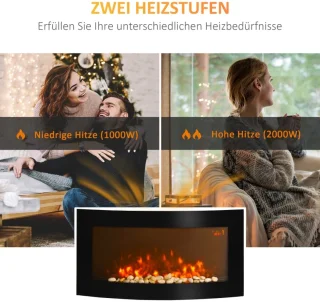 Sfeerhaard Elektrisch - Haard met Verwarming - Wandhaard met LED-vlameffect - 7 Vlamkleuren - 1000/2000 W - Openhaard met Timer, Regelbare Thermostaat - Decoratieve Haardkachel - Kachel - Zwart