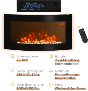Sfeerhaard Elektrisch - Haard met Verwarming - Wandhaard met LED-vlameffect - 7 Vlamkleuren - 1000/2000 W - Openhaard met Timer, Regelbare Thermostaat - Decoratieve Haardkachel - Kachel - Zwart
