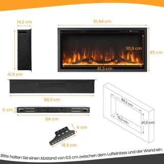 COSTWAY Elektrische open haard, 36 inch, 750 W/1500 W, met touchscreen en afstandsbediening en 8H timer, wandhaard, elektrische vlammen in 9 kleuren met 5 helderheidsniveaus, 91,5 x 45 x 14 cm