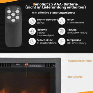 COSTWAY Elektrische open haard, 36 inch, 750 W/1500 W, met touchscreen en afstandsbediening en 8H timer, wandhaard, elektrische vlammen in 9 kleuren met 5 helderheidsniveaus, 91,5 x 45 x 14 cm