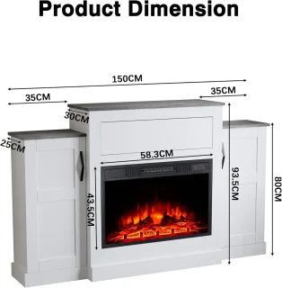 Elektrische Haard TV-Meubel 150x30x93,5 cm – Industrialhome Modern Wit TV-Meubel met 23-Inch LED Haard, Opbergruimte, Druklade & Afstandsbediening – Realistische 3D Vlammen, Verstelbare Warmte & Timer – Vrijstaand Entertainment Center