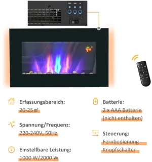 Sfeerhaard Elektrisch - Haard met Verwarming - LED-vlameffect - 1000/2000W - Openhaard - Decoratieve Haardkachel - Kachel Vrijstaand - Stijlvolle Uitstraling - Zwart