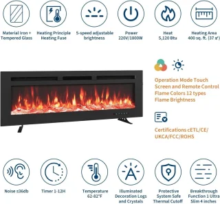 Sfeerhaard Elektrisch - Haard met Verwarming -1800W - Openhaard met Afstandsbediening en 12 Sfeerlicht - Kachel - Zwart-127cm