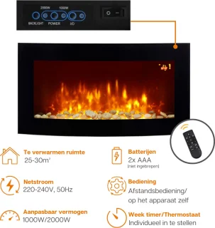 Elektrische openhaard- Elektrische haard - Sfeerhaard - LED - 1000 / 2000W - Zwart - Met afstandsbediening