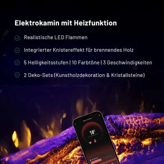 Elektrische open haard Ganeey Cobalt Luxe 3D LED Vuur met Verwarming – Moderne Staande Haard met Realistisch Vlameffect, App-Bediening, Timer, Knettereffect en Thermostaat – 1800W – Zwart – 137x75x29 cm
