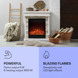 Elektrische Open Haard 60x23x66,5 cm – Industrialhome Nevis Peak Luxe LED Sfeerhaard met Verwarming 1800W, Timer & Afstandsbediening – Vrijstaande Elektrische Haard met Realistische Vlammen & Houtdecor – Wit Design