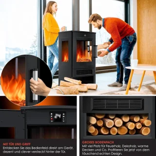 HomeByNicole® Luxe Elektrische Sfeerhaard Verona – Vrijstaande Kachel met Panoramavenster – LED Vlameffect met 9 Kleurmodi – Verwarming 900/1800W – Thermostaat – Timer – Afstandsbediening & WiFi App – Zwart – Retro Design Elektrische Haard