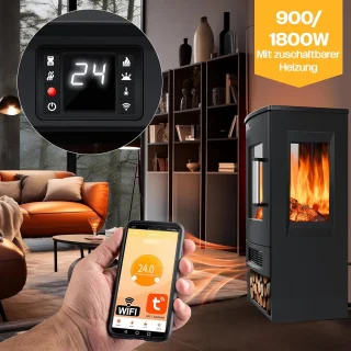 HomeByNicole® Luxe Elektrische Sfeerhaard Verona – Vrijstaande Kachel met Panoramavenster – LED Vlameffect met 9 Kleurmodi – Verwarming 900/1800W – Thermostaat – Timer – Afstandsbediening & WiFi App – Zwart – Retro Design Elektrische Haard