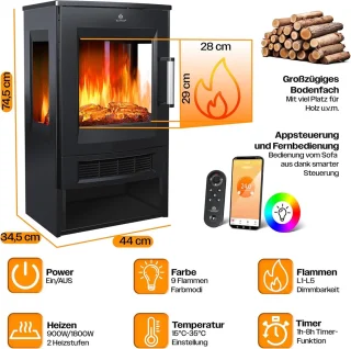 HomeByNicole® Luxe Elektrische Sfeerhaard Verona – Vrijstaande Kachel met Panoramavenster – LED Vlameffect met 9 Kleurmodi – Verwarming 900/1800W – Thermostaat – Timer – Afstandsbediening & WiFi App – Zwart – Retro Design Elektrische Haard