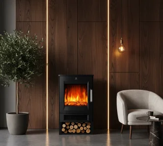HomeByNicole® Luxe Elektrische Sfeerhaard Verona – Vrijstaande Kachel met Panoramavenster – LED Vlameffect met 9 Kleurmodi – Verwarming 900/1800W – Thermostaat – Timer – Afstandsbediening & WiFi App – Zwart – Retro Design Elektrische Haard