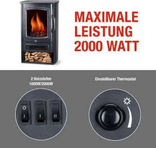 Elektrische Open Haard met Verwarming en LED Vlameffect - 1000W/2000W, Instelbare Thermostaat