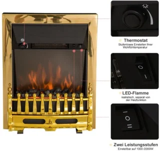 Sfeerhaard Elektrisch - Haard met Verwarming - LED-vlameffect - 1000/2000W - Openhaard - Decoratieve Haardkachel - Kachel Vrijstaand - Goud