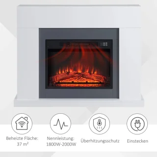 Sfeerhaard Elektrisch - Haard met Verwarming - LED-vlameffect - 1800/2000W - Openhaard - Decoratieve Haard - Kachel Vrijstaand - Wit - 113 x 26,6 x 87,5 cm
