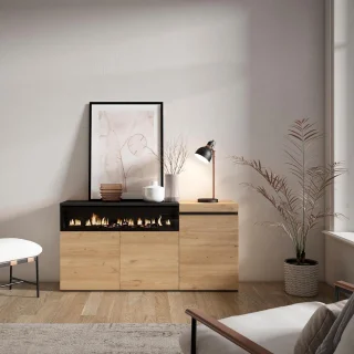 Dressoir met Elektrische Haard | Moderne Buffetkast | 150x75x35 cm | 3 Deuren | Eiken/Zwart