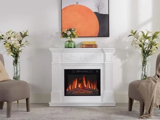 Elektrische Open Haard HomeByNicole Toscana Luxe Flame AF23W – Vrijstaande LED Sfeerhaard met Verwarming 1800W, Realistisch Vlameffect, Geluid van Houtvuur, 12 Warmtestanden, Thermostaat, Timer & Afstandsbediening – Wit MDF Klassiek Design