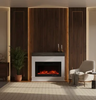 Elektrische Sfeerhaard HomeByNicole LuxeGlow 76 – Vrijstaande Houten Open Haard met 12 LED Vlamkleuren, Realistisch Vlameffect, Thermostaat & Afstandsbediening – Ultradun Glazen Front – 5100 BTU – 98 cm – Grijs/Wit