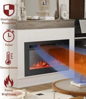 Elektrische Sfeerhaard HomeByNicole LuxeGlow 76 – Vrijstaande Houten Open Haard met 12 LED Vlamkleuren, Realistisch Vlameffect, Thermostaat & Afstandsbediening – Ultradun Glazen Front – 5100 BTU – 98 cm – Grijs/Wit