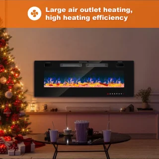 Elektrische haard - Inbouwhaard - 127cm - Vermogen: 750W/1500W - 2 Warmtestanden - 12 kleuren - Kristallen- Inclusief Afstandsbediening - Muurbevestiging - Zwart