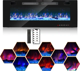 Elektrische haard - Inbouwhaard - 127cm - Vermogen: 750W/1500W - 2 Warmtestanden - 12 kleuren - Kristallen- Inclusief Afstandsbediening - Muurbevestiging - Zwart