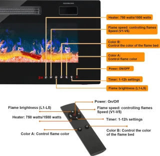 Elektrische haard - Inbouwhaard - 127cm - Vermogen: 750W/1500W - 2 Warmtestanden - 12 kleuren - Kristallen- Inclusief Afstandsbediening - Muurbevestiging - Zwart