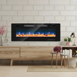 Elektrische haard - Inbouwhaard - 127cm - Vermogen: 750W/1500W - 2 Warmtestanden - 12 kleuren - Kristallen- Inclusief Afstandsbediening - Muurbevestiging - Zwart