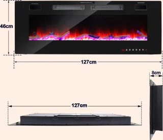 Elektrische haard - Inbouwhaard - 127cm - Vermogen: 750W/1500W - 2 Warmtestanden - 12 kleuren - Kristallen- Inclusief Afstandsbediening - Muurbevestiging - Zwart