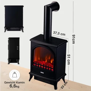 Elektrische Open Haard Ganeey LeniLux 3D met Verwarming – Vrijstaand – 2000W – LED Vlameffect & Oververhittingsbeveiliging – Realistisch 3D Vlambeeld – Moderne Zwarte Kachel met Authentieke Schoorsteenpijp – Voor Huiskamer & Slaapkamer – Plug & Play