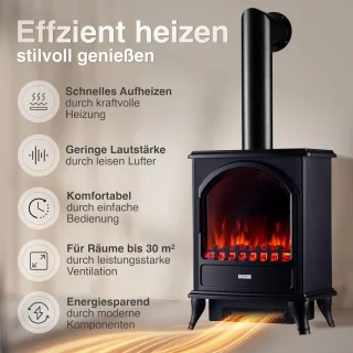 Elektrische Open Haard Ganeey LeniLux 3D met Verwarming – Vrijstaand – 2000W – LED Vlameffect & Oververhittingsbeveiliging – Realistisch 3D Vlambeeld – Moderne Zwarte Kachel met Authentieke Schoorsteenpijp – Voor Huiskamer & Slaapkamer – Plug & Play