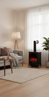 Elektrische Open Haard Ganeey LeniLux 3D met Verwarming – Vrijstaand – 2000W – LED Vlameffect & Oververhittingsbeveiliging – Realistisch 3D Vlambeeld – Moderne Zwarte Kachel met Authentieke Schoorsteenpijp – Voor Huiskamer & Slaapkamer – Plug & Play
