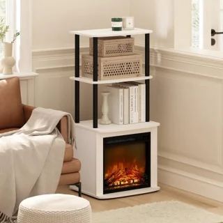 2-Tier Tall TV Bijzettafel met Open Haard Inzetstuk – Effen Wit/Zwart