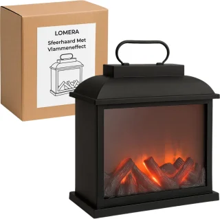 Lomera Led Sfeerhaard - Lantaarn Openhaard - Kunststof Frame - Led Verlichting - Timer Functie - Werkt Op Batterijen - Vlammeneffect - Elektrische Haard - Sfeerverlichting - Decoratieve Lantaarn