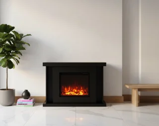 HomeByNicole Luxe Staande Elektrische Sfeerhaard “Aurora Flame Black Edition” – Vrijstaande Design Haard met Verwarming (750/1500W), 3D LED-vlameffect in 3 Kleuren, Timer, Knispergeluid, Houtdecoratie & Afstandsbediening – Zwart – 120x84x38 cm