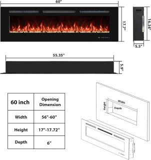 152 cm Elektrische Open Haard Inserts voor Wandmontage - Verwarmingsoplossing met Afstandsbediening en Aanraakscherm