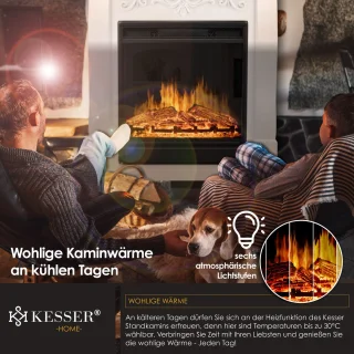 KESSER® Sfeerhaard Elektrisch Haard 1800W met LED Vlammen Dimbaar - Electrische Kachel met Timer & Afstandsbediening - Elektrische Verwarming met Thermostaat - Villa Wit