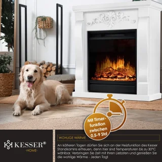KESSER® Sfeerhaard Elektrisch Haard 1800W met LED Vlammen Dimbaar - Electrische Kachel met Timer & Afstandsbediening - Elektrische Verwarming met Thermostaat - Villa Wit