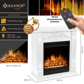 KESSER® Sfeerhaard Elektrisch Haard 1800W met LED Vlammen Dimbaar - Electrische Kachel met Timer & Afstandsbediening - Elektrische Verwarming met Thermostaat - Villa Wit