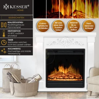 KESSER® Sfeerhaard Elektrisch Haard 1800W met LED Vlammen Dimbaar - Electrische Kachel met Timer & Afstandsbediening - Elektrische Verwarming met Thermostaat - Villa Wit